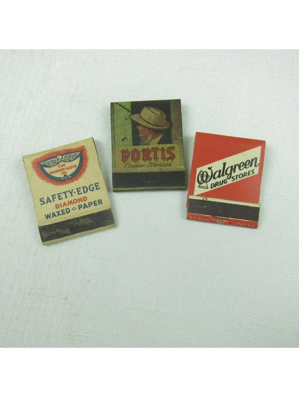 3 Vintage Matchbook SafetyEdge Diamond Wax Paper Portis Hats Walgreen Drug Store